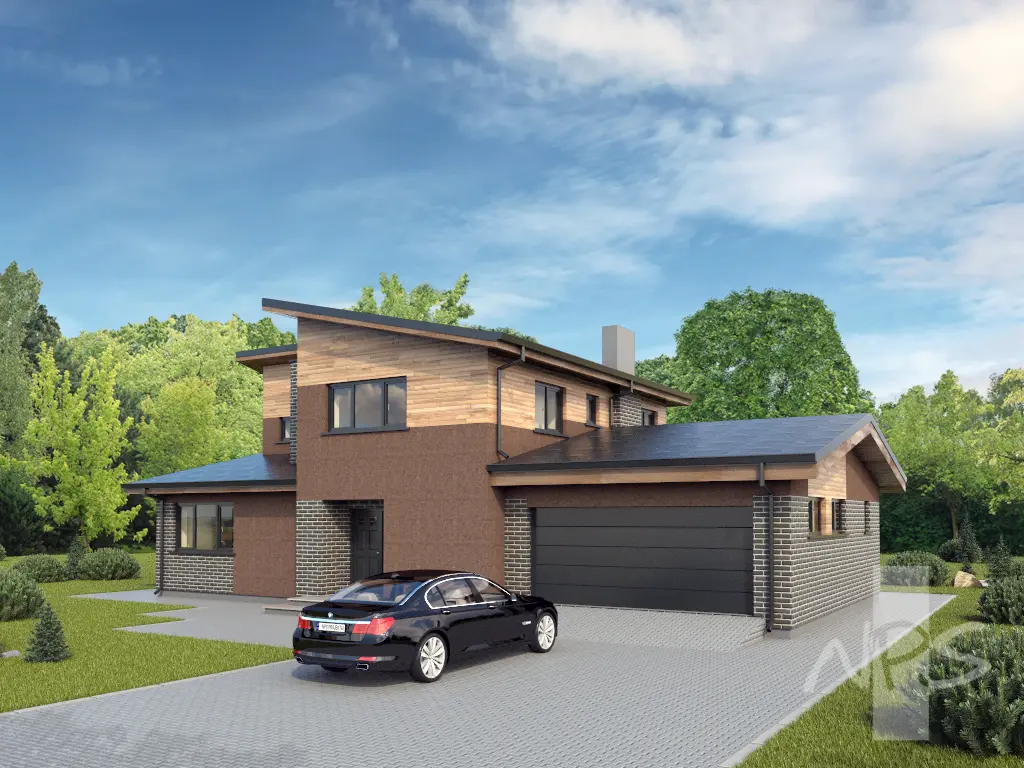 Divstāvu mājas projekts 219 m²: 3 Guļamistabas, Darba istaba, 3 Vannasistabas, Atvērta virtuve, Garāža