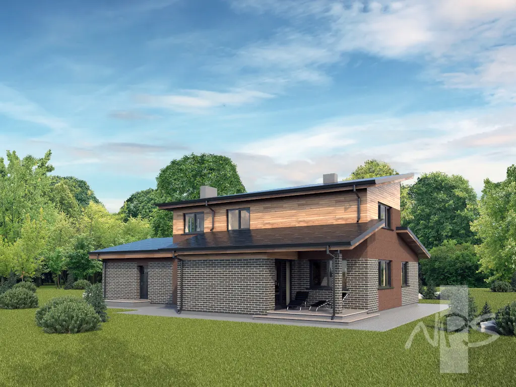Divstāvu mājas projekts 219 m²: 3 Guļamistabas, Darba istaba, 3 Vannasistabas, Atvērta virtuve, Garāža