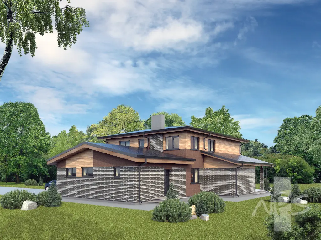Divstāvu mājas projekts 219 m²: 3 Guļamistabas, Darba istaba, 3 Vannasistabas, Atvērta virtuve, Garāža