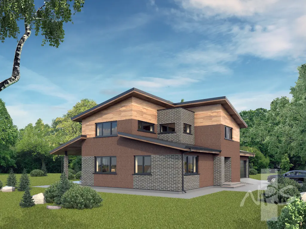 Divstāvu mājas projekts 219 m²: 3 Guļamistabas, Darba istaba, 3 Vannasistabas, Atvērta virtuve, Garāža