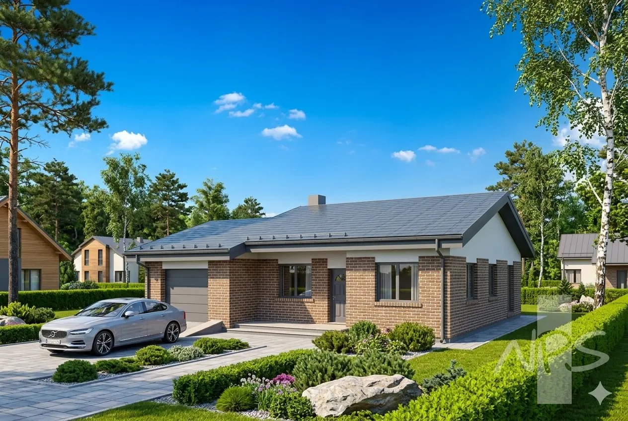 Vienstāva mājas projekts 120 m²: 2 Guļamistabas, Darba istaba, 1 Vannasistabas, Garāža