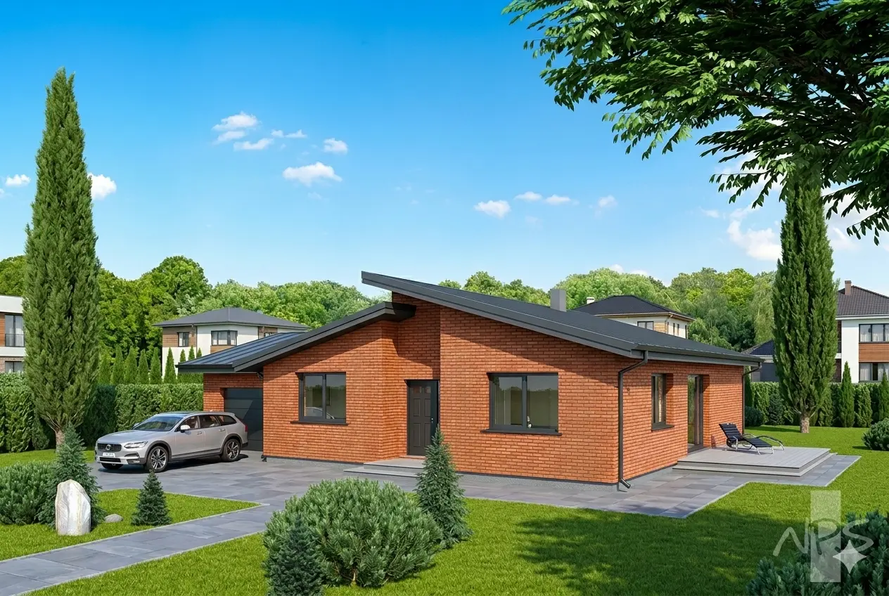 Vienstāva mājas projekts 157 m²: 3 Guļamistabas, 1 Vannasistabas, Atvērta virtuve, Garāža