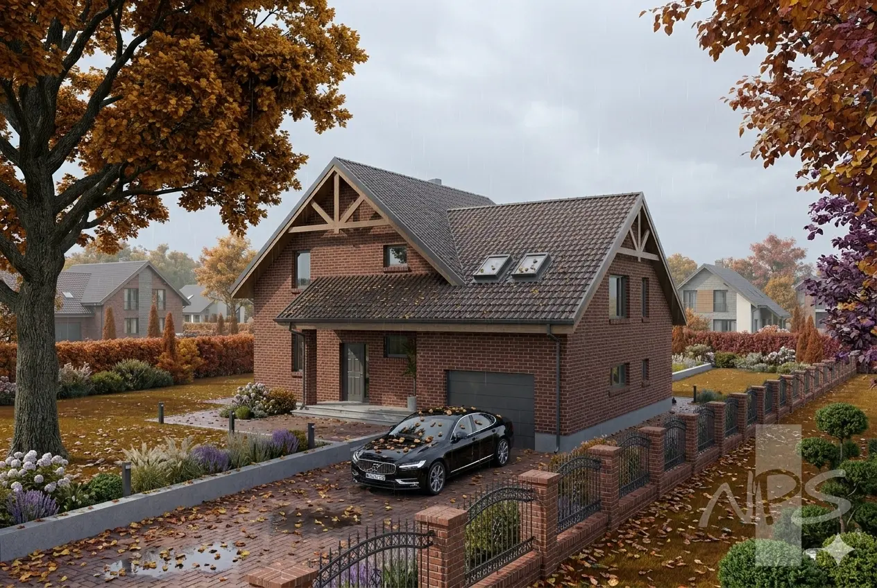 Mājas projekts ar mansardu 229 m²: 4 Guļamistabas, Darba istaba, 3 Vannasistabas, Garāža