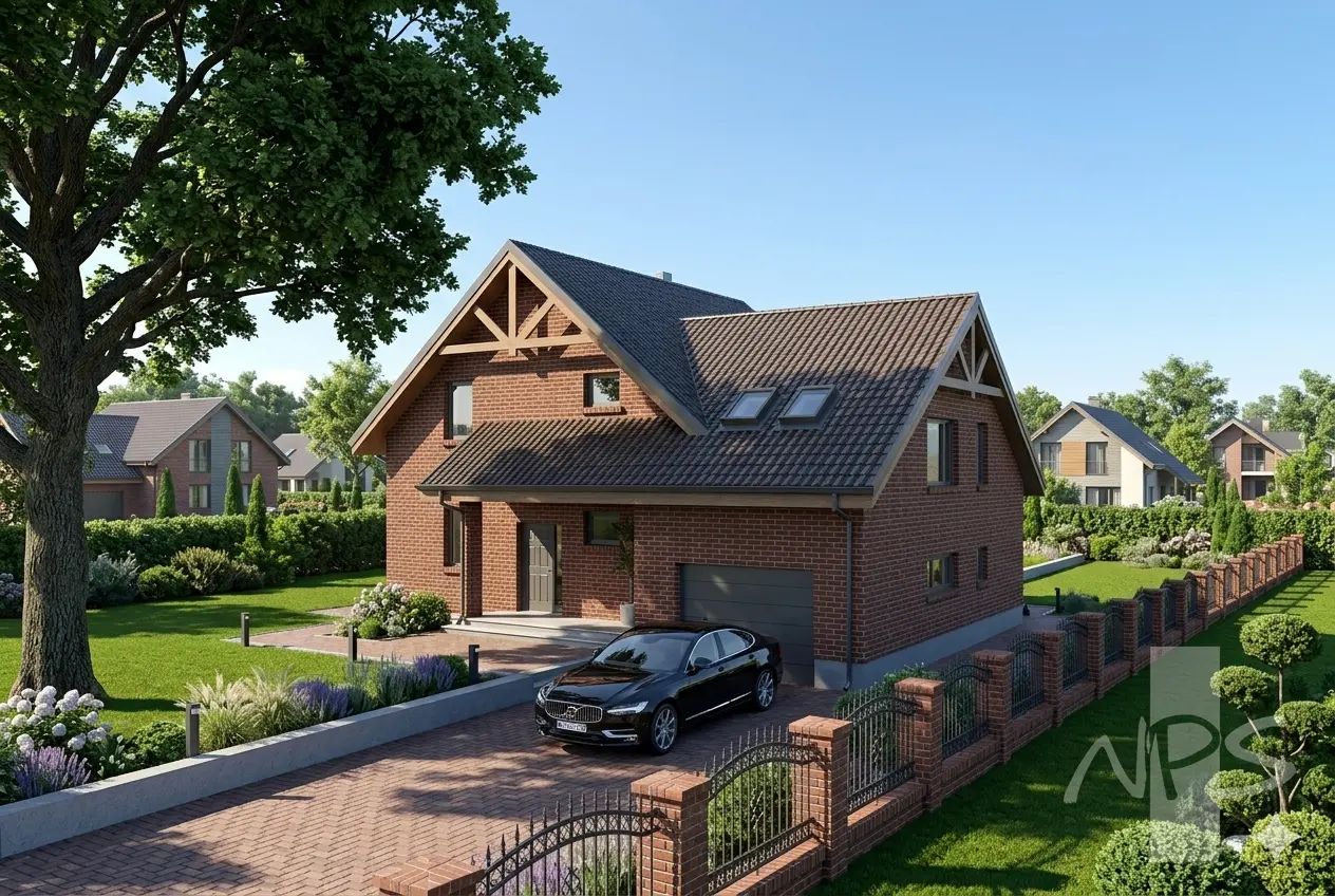 Mājas projekts ar mansardu 229 m²: 4 Guļamistabas, Darba istaba, 3 Vannasistabas, Garāža