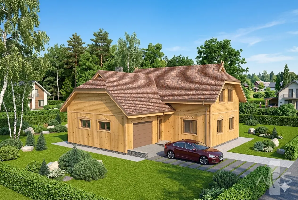 Mājas projekts ar mansardu 209 m²: 3 Guļamistabas, Darba istaba, 2 Vannasistabas, Garāža
