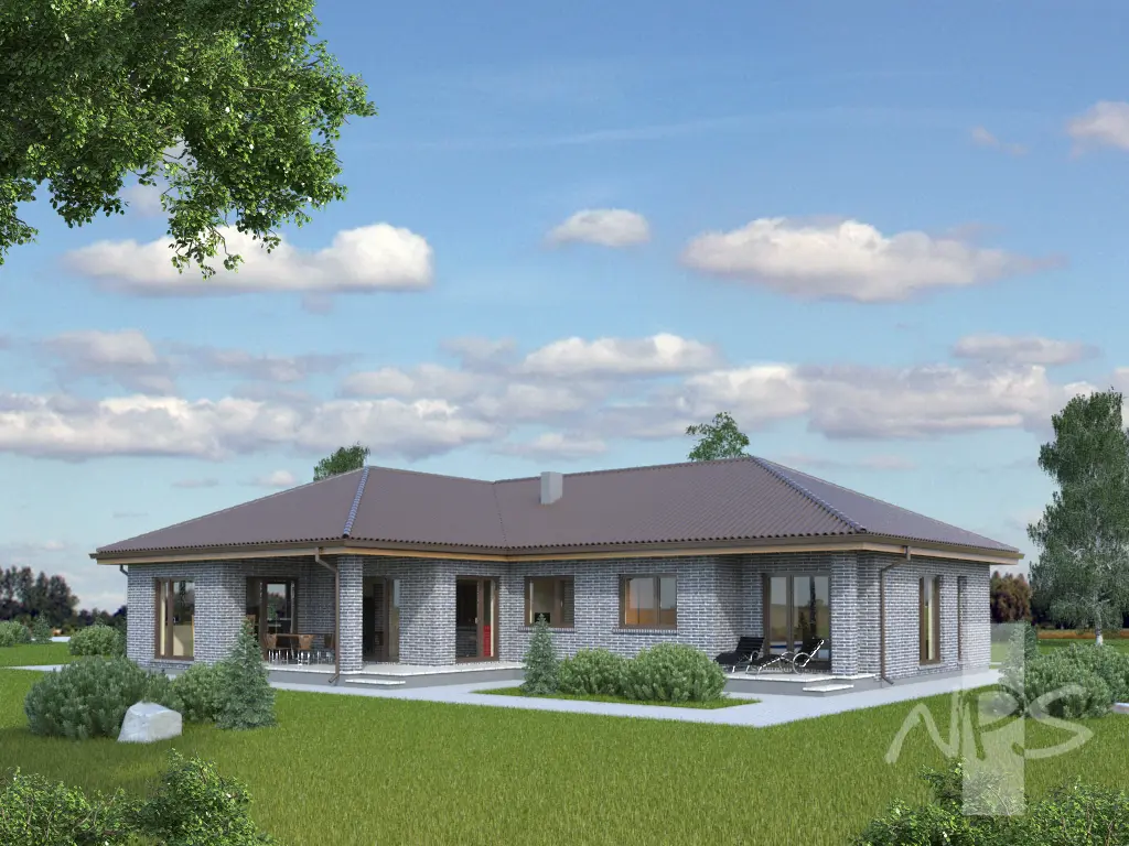 Vienstāva mājas projekts 186 m²: 3 Guļamistabas, Darba istaba, 2 Vannasistabas, Atvērta virtuve, bez Garāžas