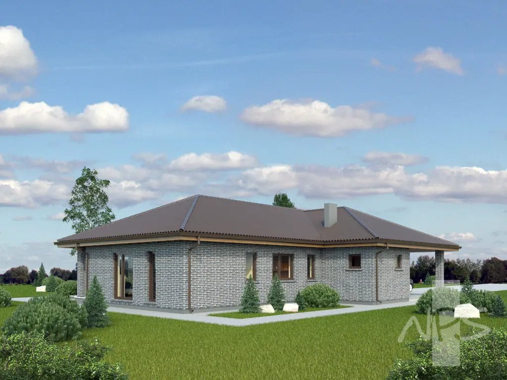 Vienstāva mājas projekts 186 m²: 3 Guļamistabas, Darba istaba, 2 Vannasistabas, Atvērta virtuve, bez Garāžas