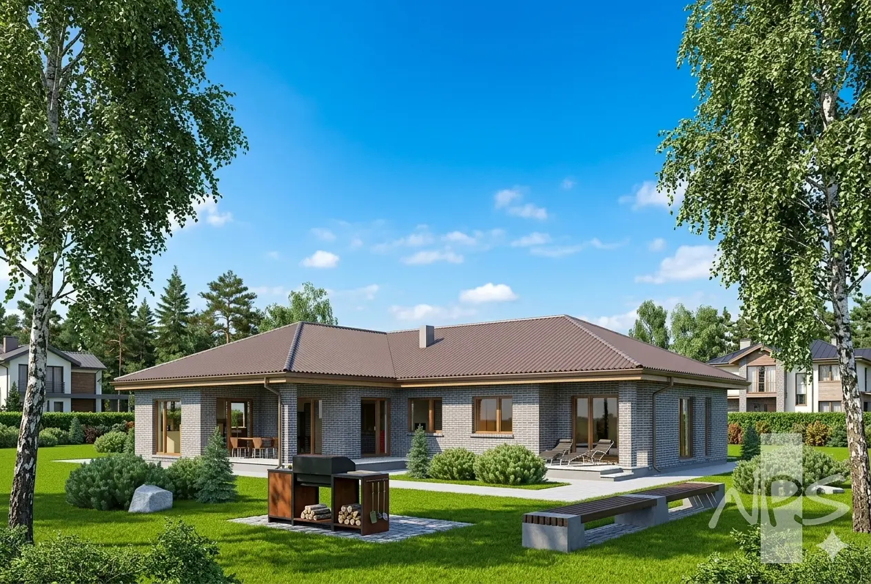 Vienstāva mājas projekts 186 m²: 3 Guļamistabas, Darba istaba, 2 Vannasistabas, Atvērta virtuve, bez Garāžas