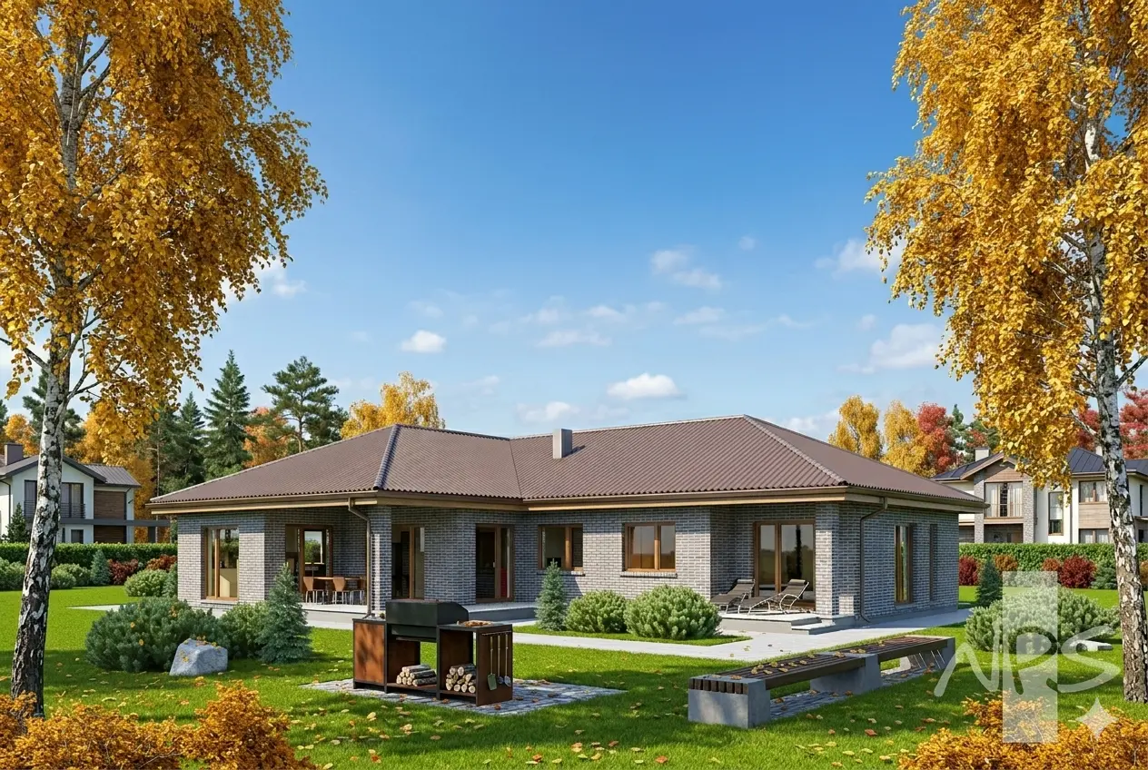 Vienstāva mājas projekts 186 m²: 3 Guļamistabas, Darba istaba, 2 Vannasistabas, Atvērta virtuve, bez Garāžas