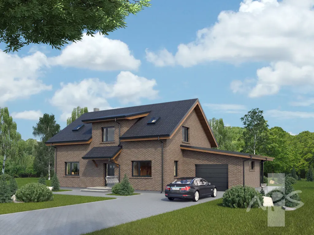 Mājas projekts ar mansardu 218 m²: 3 Guļamistabas, Darba istaba, 3 Vannasistabas, Garāža