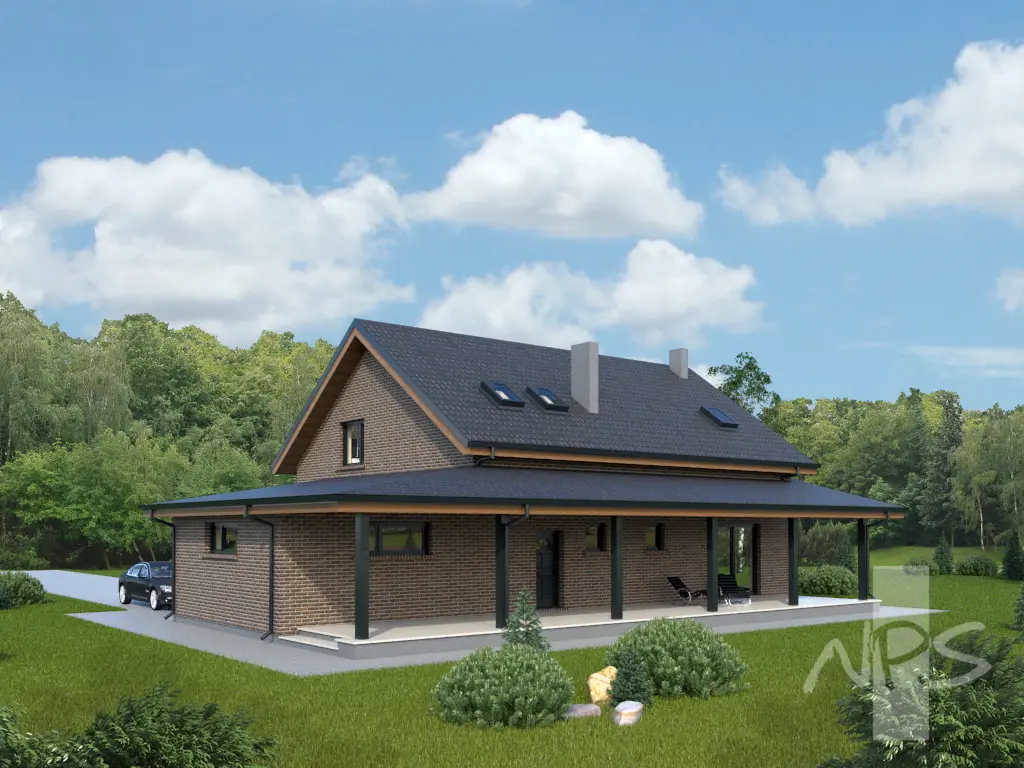 Mājas projekts ar mansardu 218 m²: 3 Guļamistabas, Darba istaba, 3 Vannasistabas, Garāža