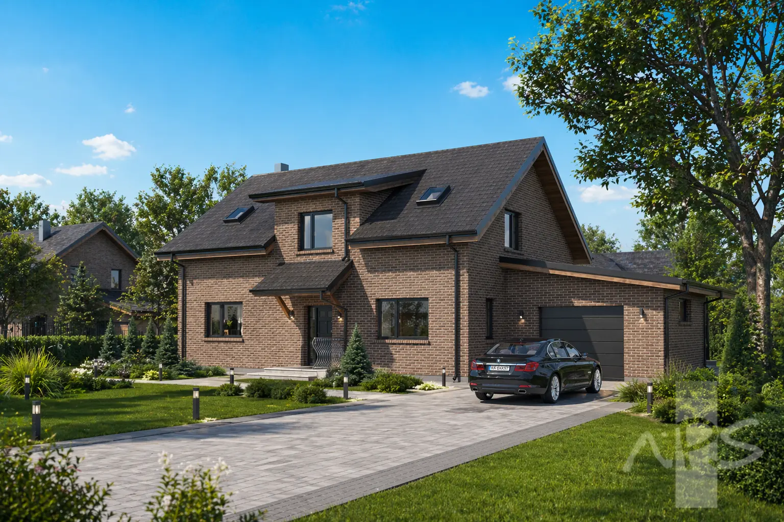 Mājas projekts ar mansardu 218 m²: 3 Guļamistabas, Darba istaba, 3 Vannasistabas, Garāža