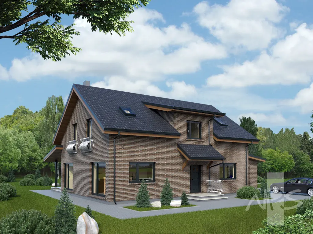 Mājas projekts ar mansardu 218 m²: 3 Guļamistabas, Darba istaba, 3 Vannasistabas, Garāža