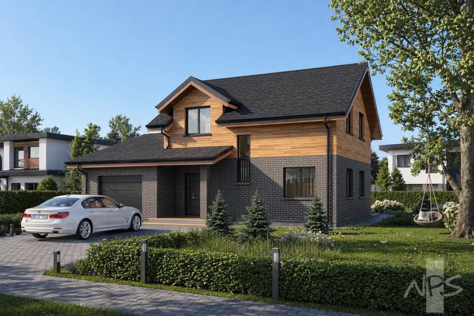 Mājas projekts ar mansardu 163 m²: 3 Guļamistabas, Darba istaba, 2 Vannasistabas, Atvērta virtuve, Garāža