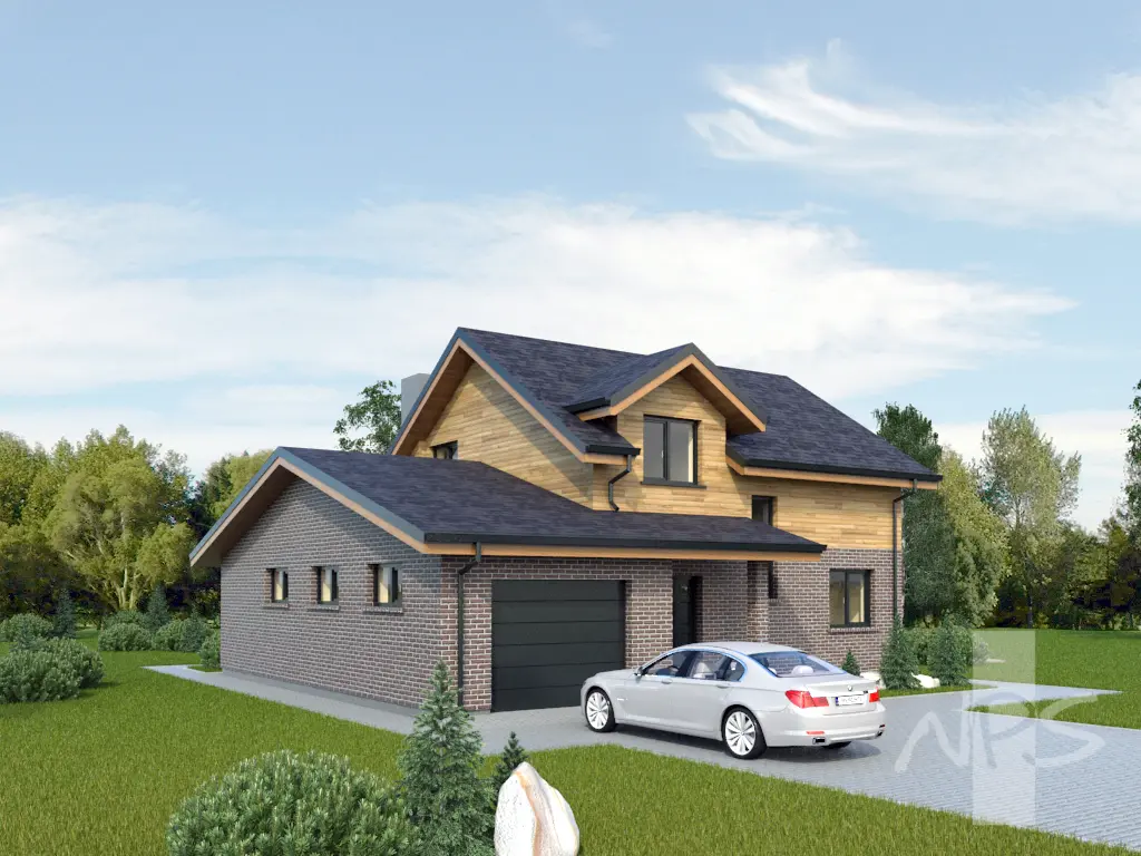 Mājas projekts ar mansardu 163 m²: 3 Guļamistabas, Darba istaba, 2 Vannasistabas, Atvērta virtuve, Garāža