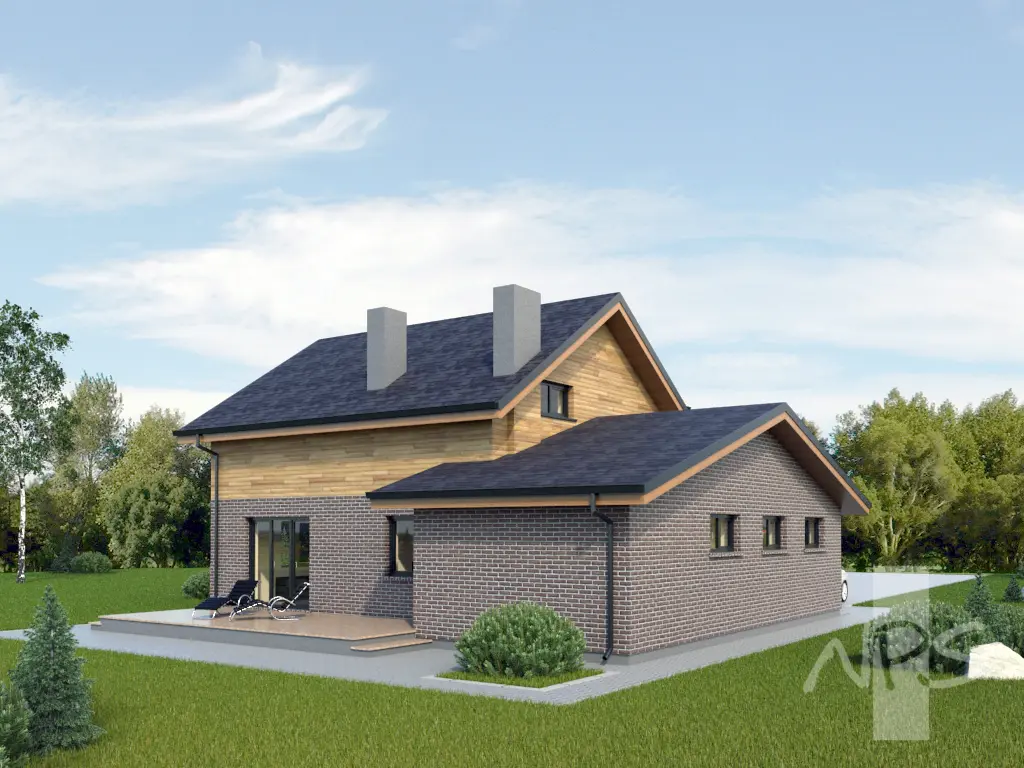 Mājas projekts ar mansardu 163 m²: 3 Guļamistabas, Darba istaba, 2 Vannasistabas, Atvērta virtuve, Garāža