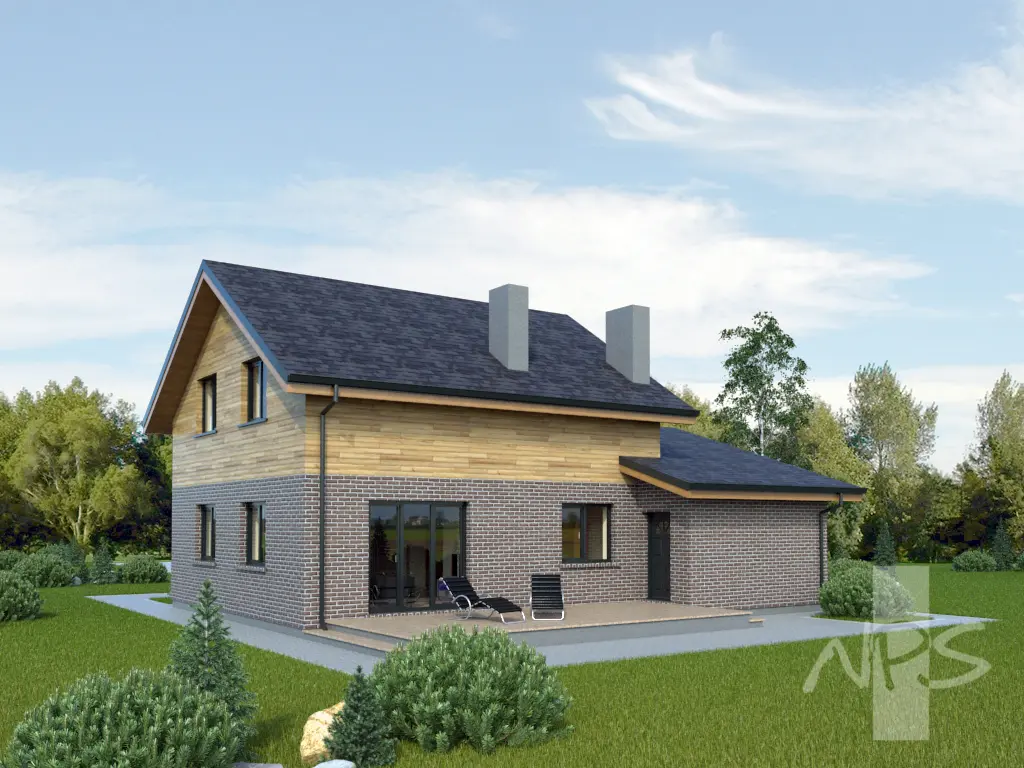 Mājas projekts ar mansardu 163 m²: 3 Guļamistabas, Darba istaba, 2 Vannasistabas, Atvērta virtuve, Garāža