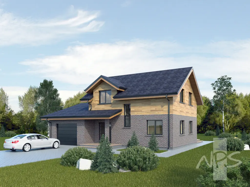 Mājas projekts ar mansardu 163 m²: 3 Guļamistabas, Darba istaba, 2 Vannasistabas, Atvērta virtuve, Garāža