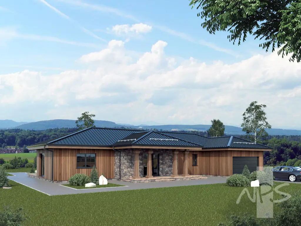 Vienstāva mājas projekts 219 m²: 3 Guļamistabas, Darba istaba, 2 Vannasistabas, Atvērta virtuve, Garāža