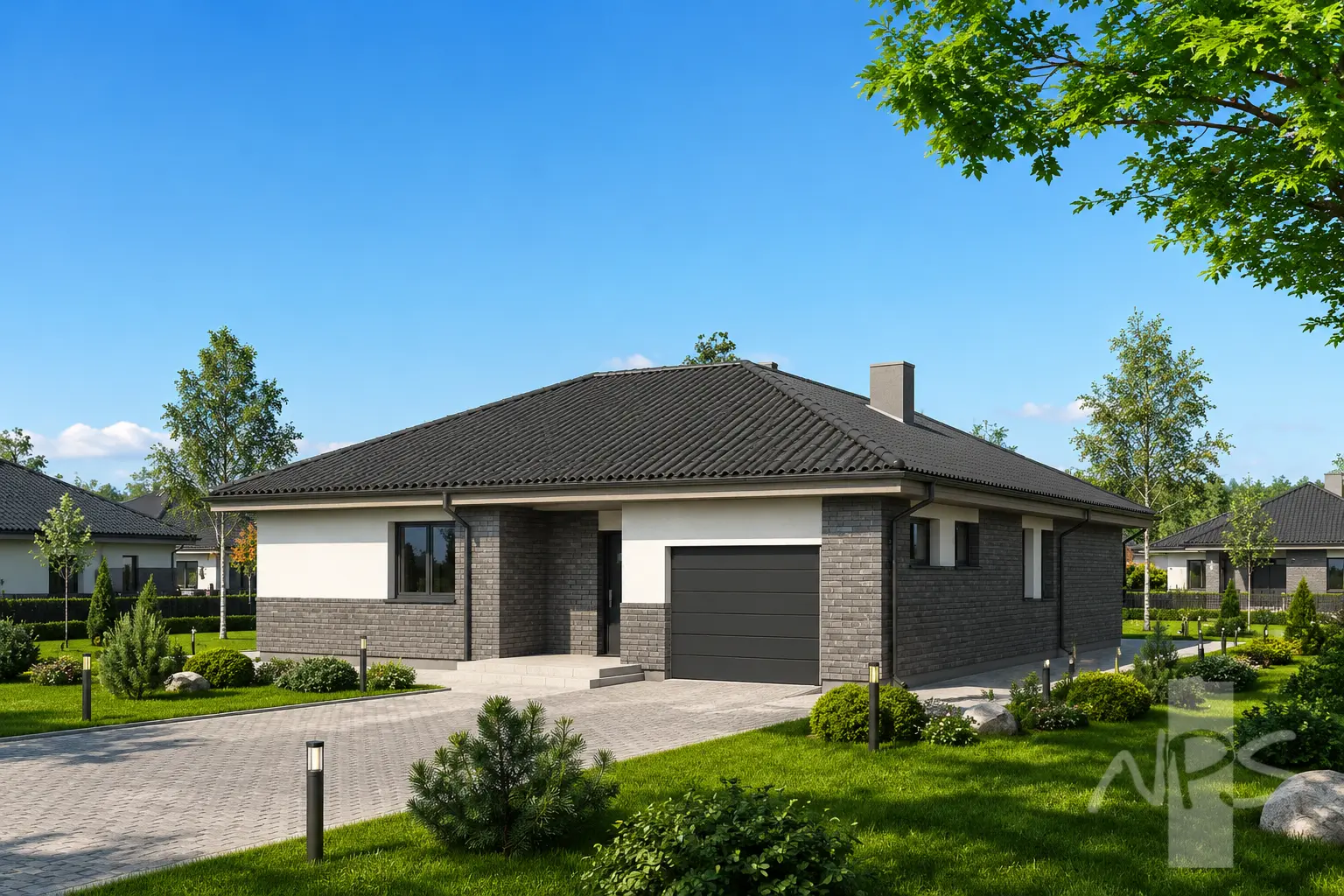 Vienstāva mājas projekts 150 m²: 2 Guļamistabas, Darba istaba, 1 Vannasistabas, Atvērta virtuve, Garāža