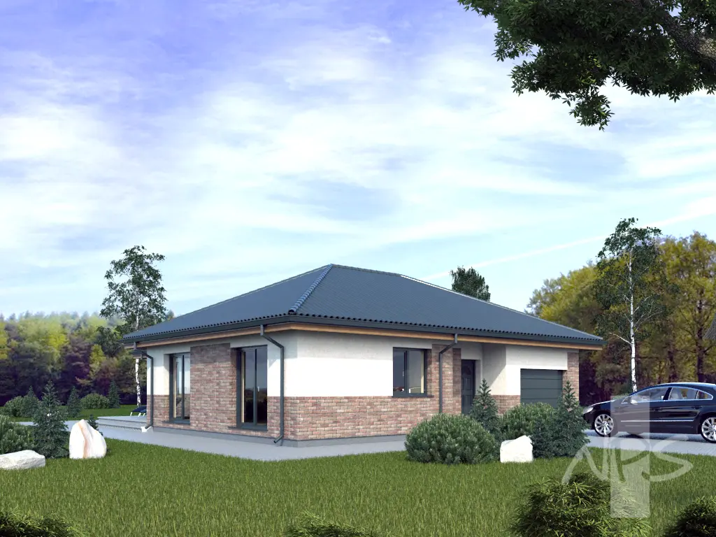 Vienstāva mājas projekts 150 m²: 2 Guļamistabas, Darba istaba, 1 Vannasistabas, Atvērta virtuve, Garāža