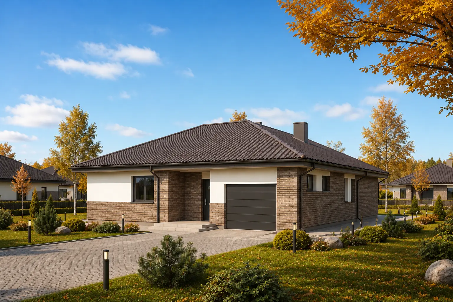 Vienstāva mājas projekts 150 m²: 2 Guļamistabas, Darba istaba, 1 Vannasistabas, Atvērta virtuve, Garāža