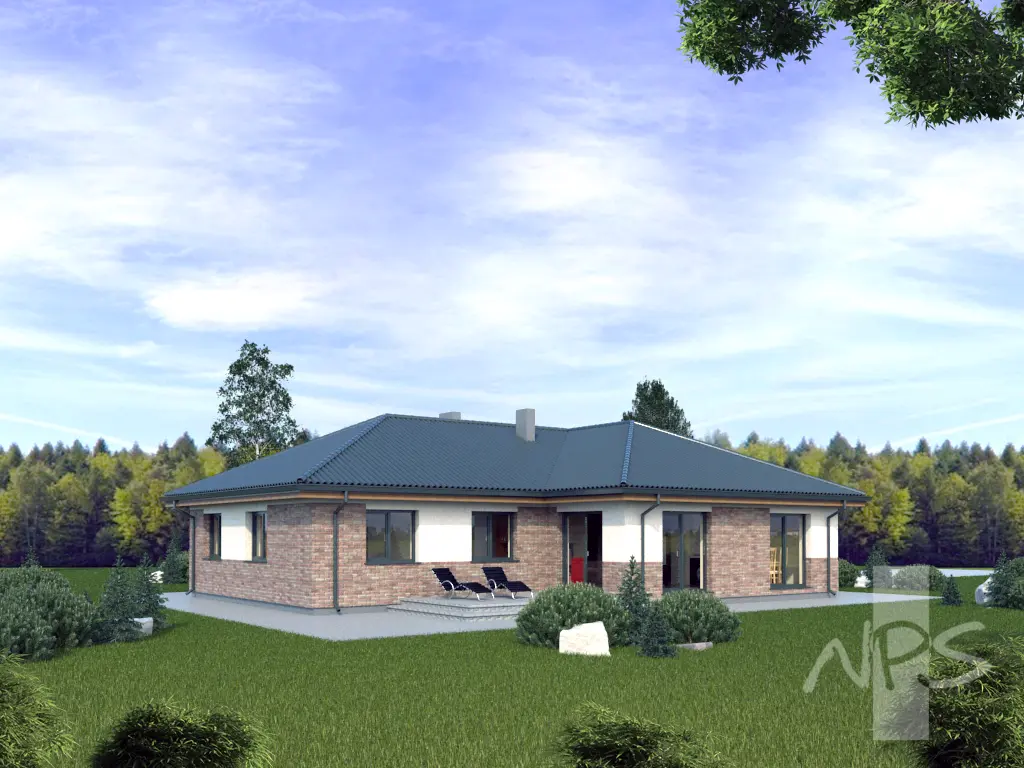 Vienstāva mājas projekts 150 m²: 2 Guļamistabas, Darba istaba, 1 Vannasistabas, Atvērta virtuve, Garāža