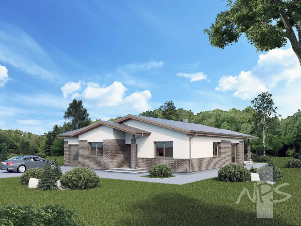Vienstāva mājas projekts 158 m²: 3 Guļamistabas, Darba istaba, 1 Vannasistabas, Garāža