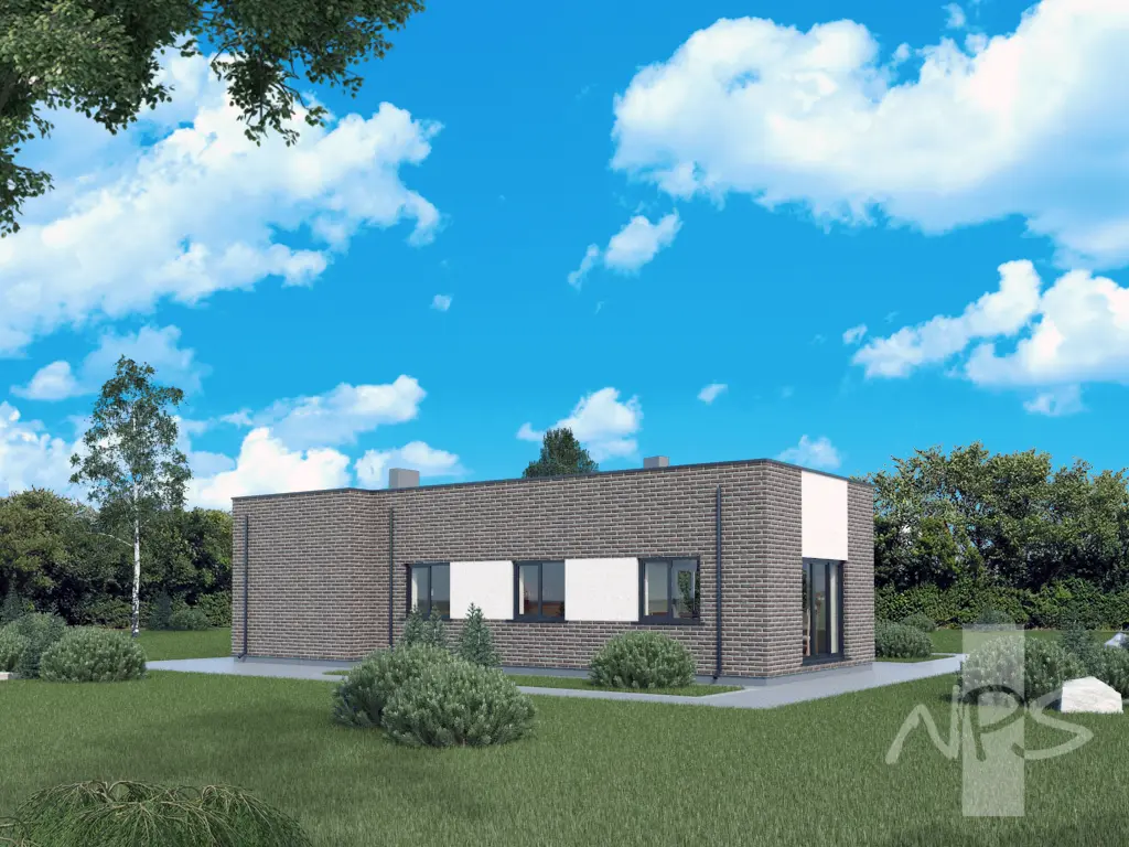 Vienstāva mājas projekts 107 m²: 2 Guļamistabas, 1 Vannasistabas, Atvērta virtuve, Garāža