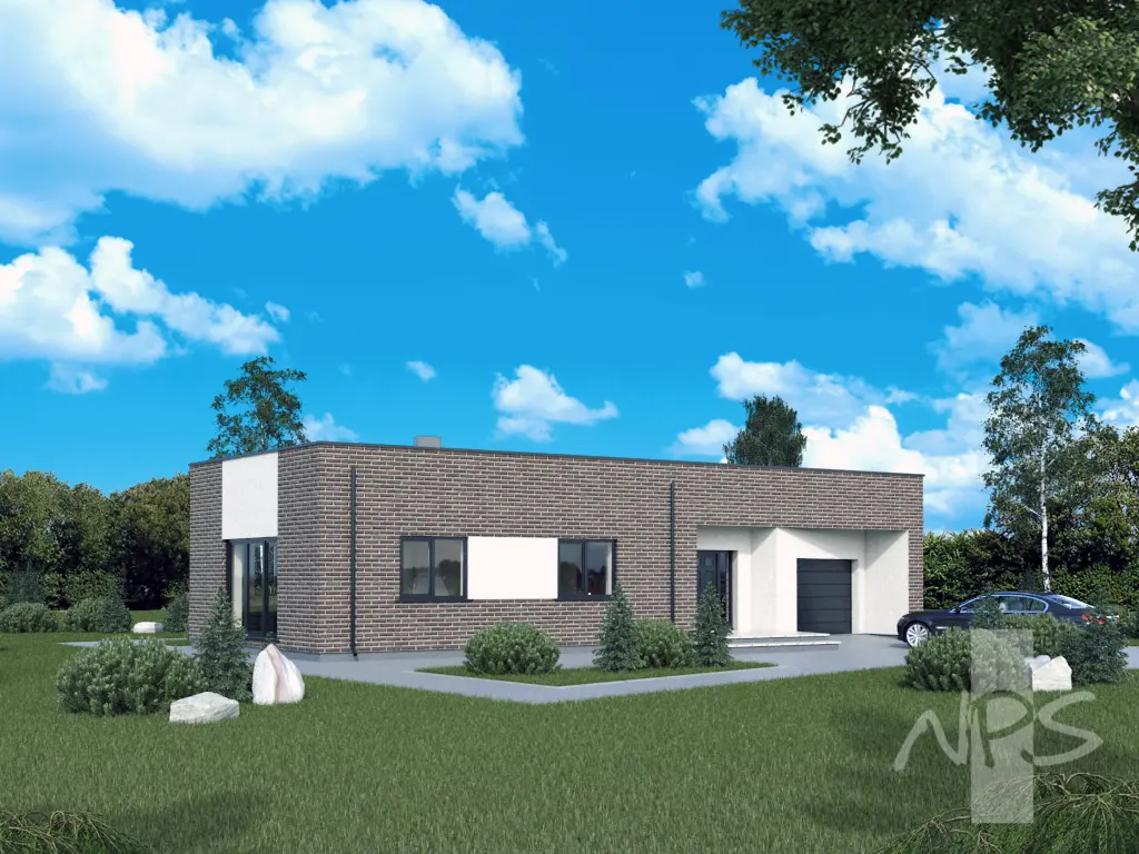Vienstāva mājas projekts 107 m²: 2 Guļamistabas, 1 Vannasistabas, Atvērta virtuve, Garāža
