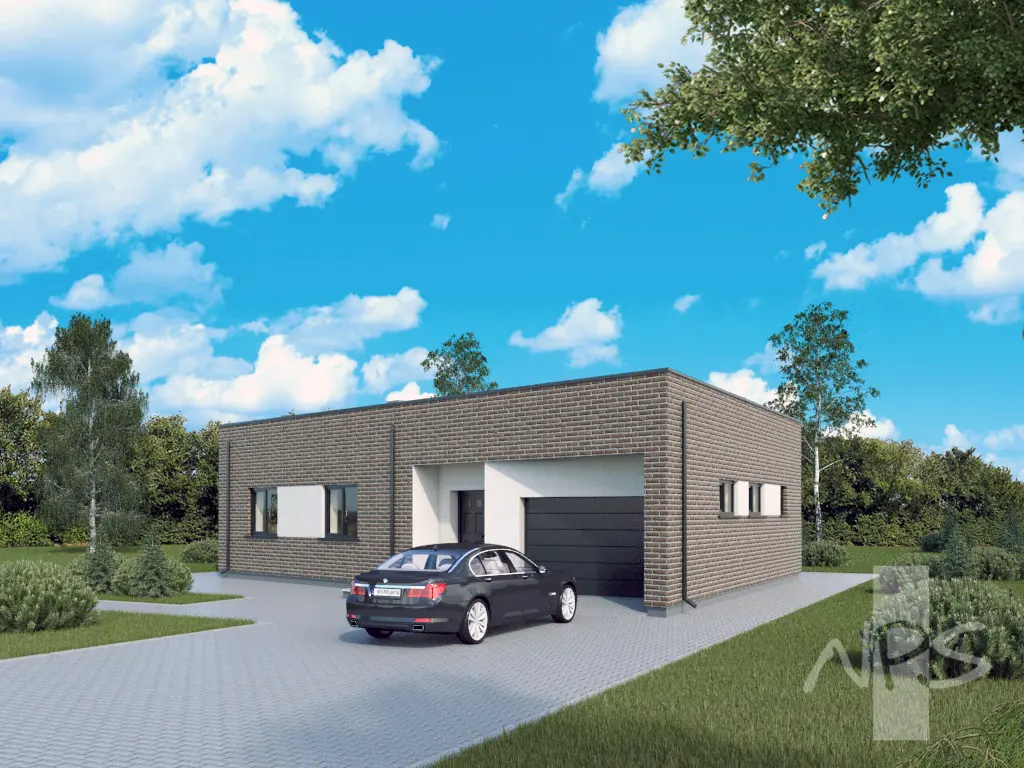 Vienstāva mājas projekts 107 m²: 2 Guļamistabas, 1 Vannasistabas, Atvērta virtuve, Garāža
