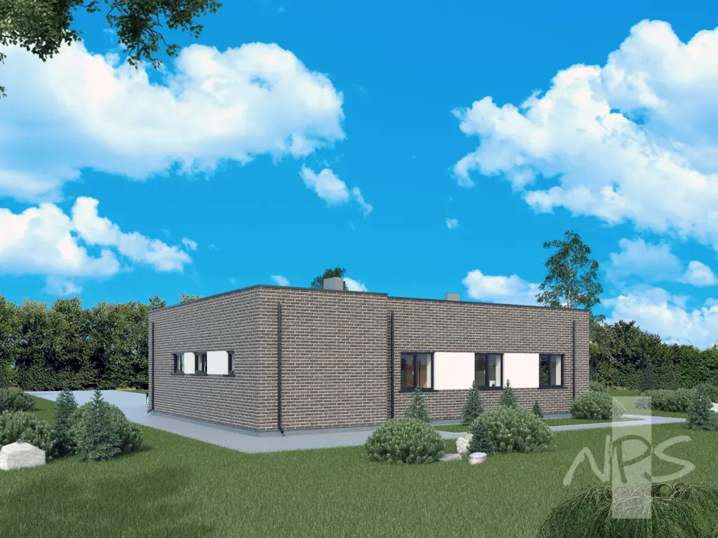 Vienstāva mājas projekts 107 m²: 2 Guļamistabas, 1 Vannasistabas, Atvērta virtuve, Garāža