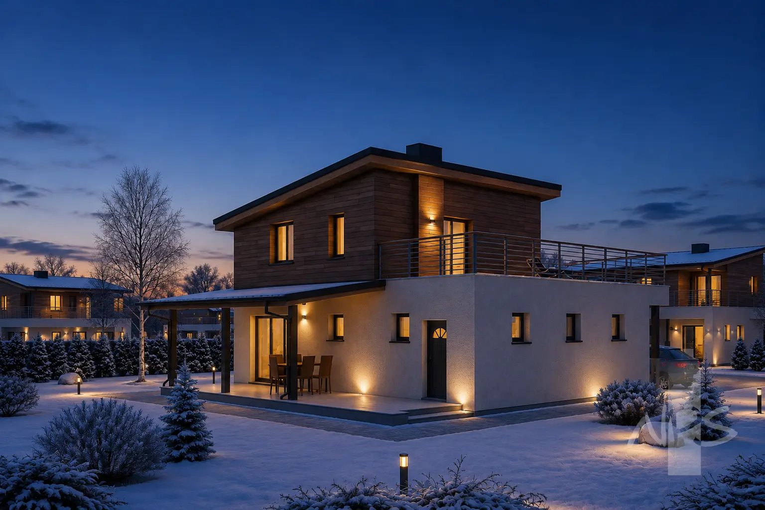 Divstāvu mājas projekts 120 m²: 2 Guļamistabas, 2 Vannasistabas, Garāža