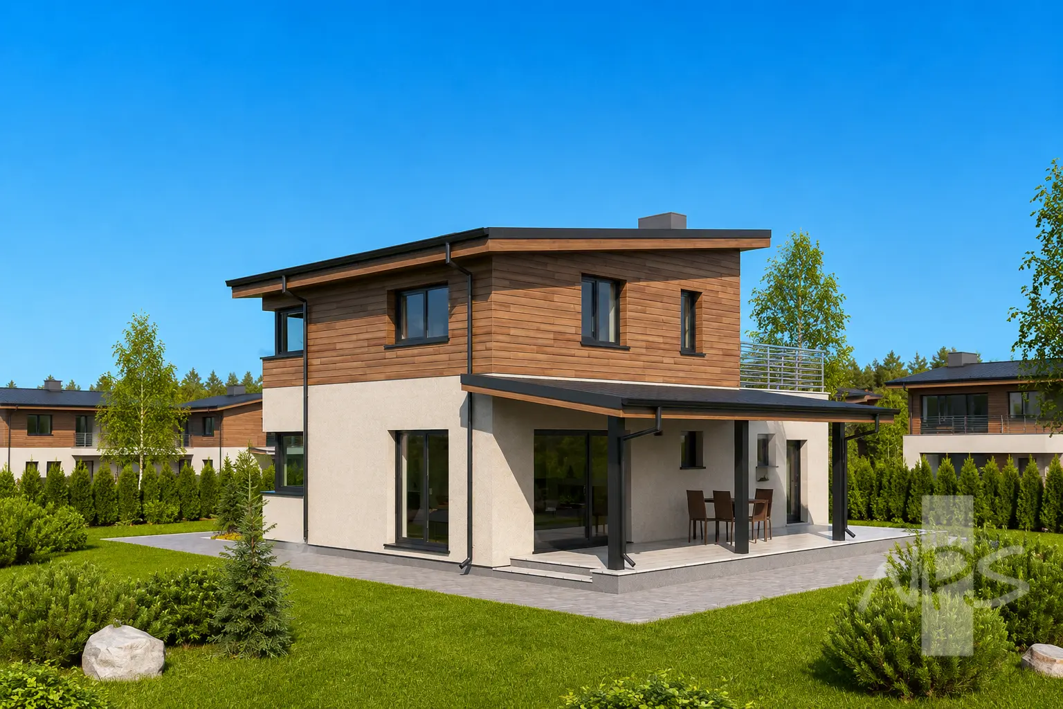 Divstāvu mājas projekts 120 m²: 2 Guļamistabas, 2 Vannasistabas, Garāža