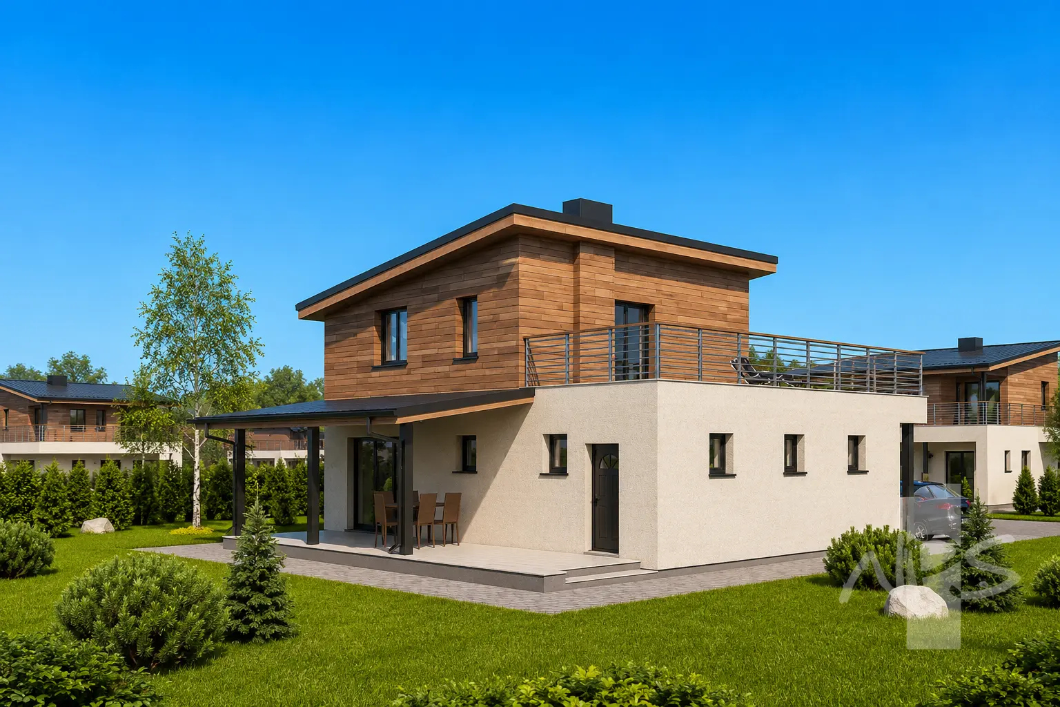 Divstāvu mājas projekts 120 m²: 2 Guļamistabas, 2 Vannasistabas, Garāža