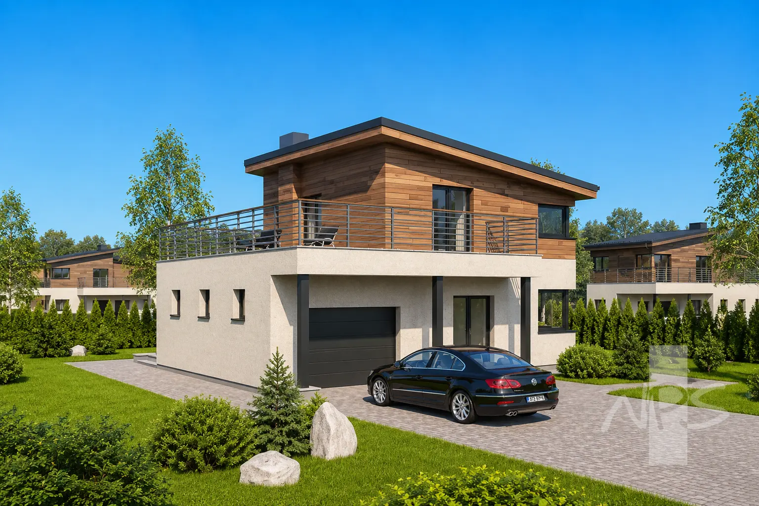 Divstāvu mājas projekts 120 m²: 2 Guļamistabas, 2 Vannasistabas, Garāža