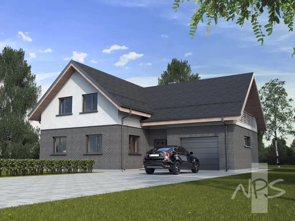 Mājas projekts ar mansardu 210 m²: 4 Guļamistabas, Darba istaba, 3 Vannasistabas, Garāža