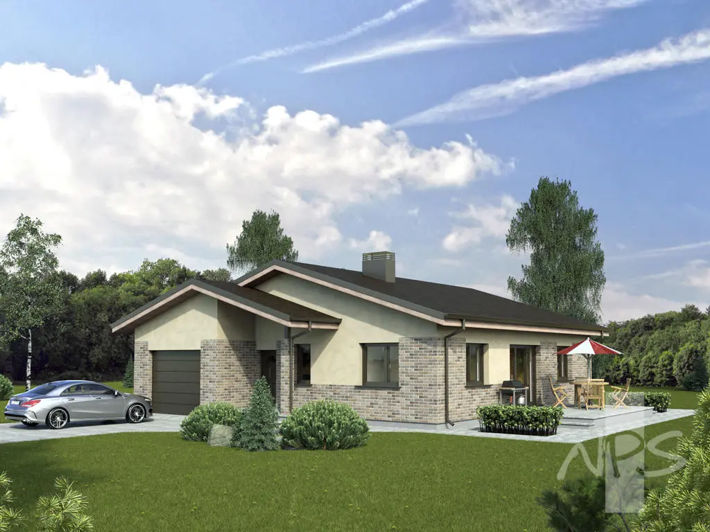 Vienstāva mājas projekts 140 m²: 3 Guļamistabas, 1 Vannasistabas, Atvērta virtuve, Garāža