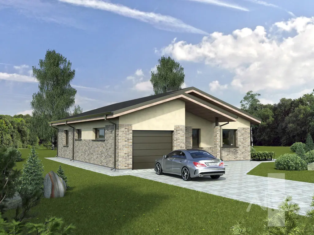 Vienstāva mājas projekts 140 m²: 3 Guļamistabas, 1 Vannasistabas, Atvērta virtuve, Garāža