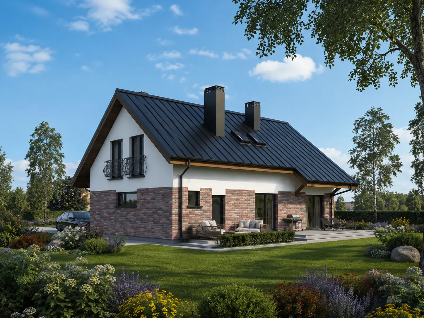 Mājas projekts ar mansardu 180 m²: 3 Guļamistabas, Darba istaba, 2 Vannasistabas, Atvērta virtuve, Garāža