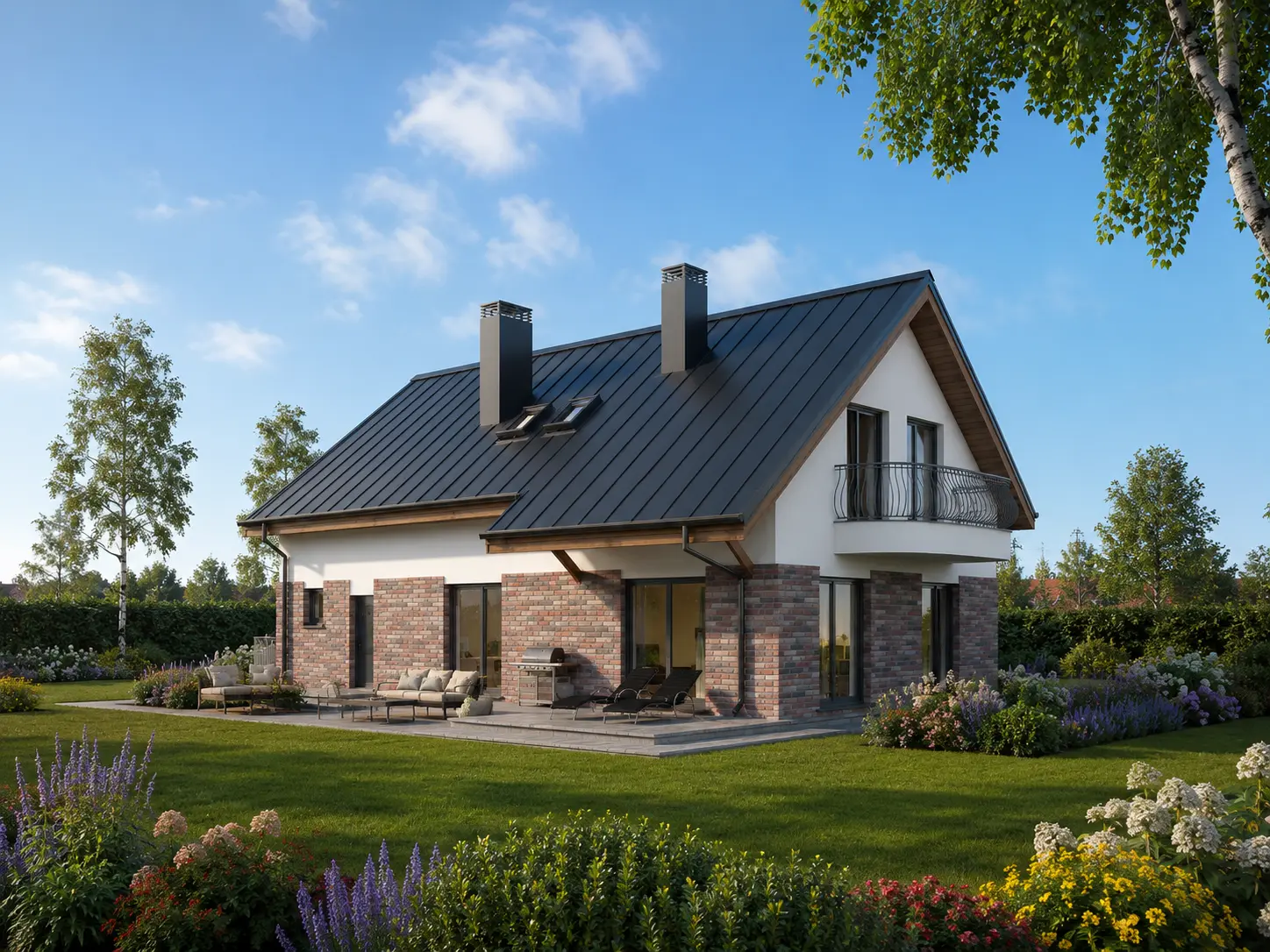 Mājas projekts ar mansardu 180 m²: 3 Guļamistabas, Darba istaba, 2 Vannasistabas, Atvērta virtuve, Garāža