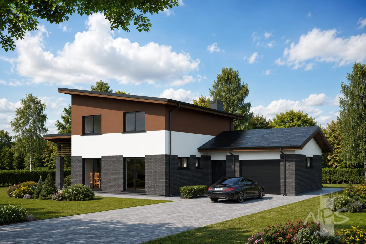 Divstāvu mājas projekts 164 m²: 3 Guļamistabas, Darba istaba, 2 Vannasistabas, Atvērta virtuve, Garāža
