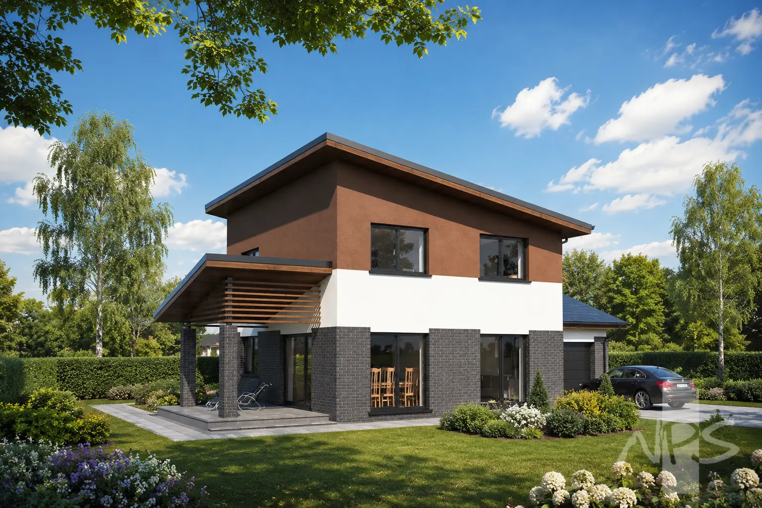 Divstāvu mājas projekts 164 m²: 3 Guļamistabas, Darba istaba, 2 Vannasistabas, Atvērta virtuve, Garāža