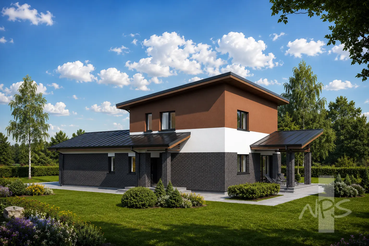Divstāvu mājas projekts 164 m²: 3 Guļamistabas, Darba istaba, 2 Vannasistabas, Atvērta virtuve, Garāža