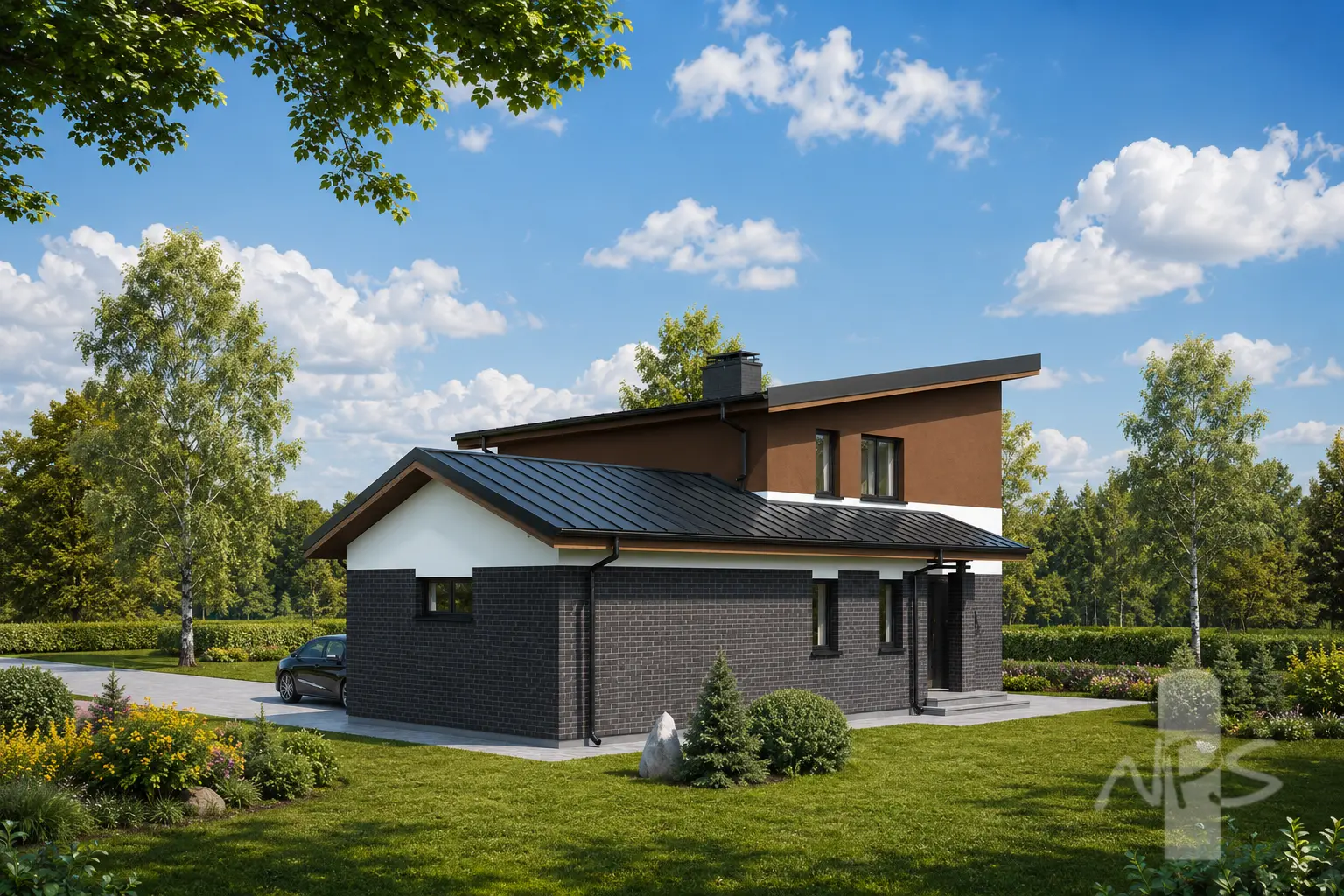 Divstāvu mājas projekts 164 m²: 3 Guļamistabas, Darba istaba, 2 Vannasistabas, Atvērta virtuve, Garāža