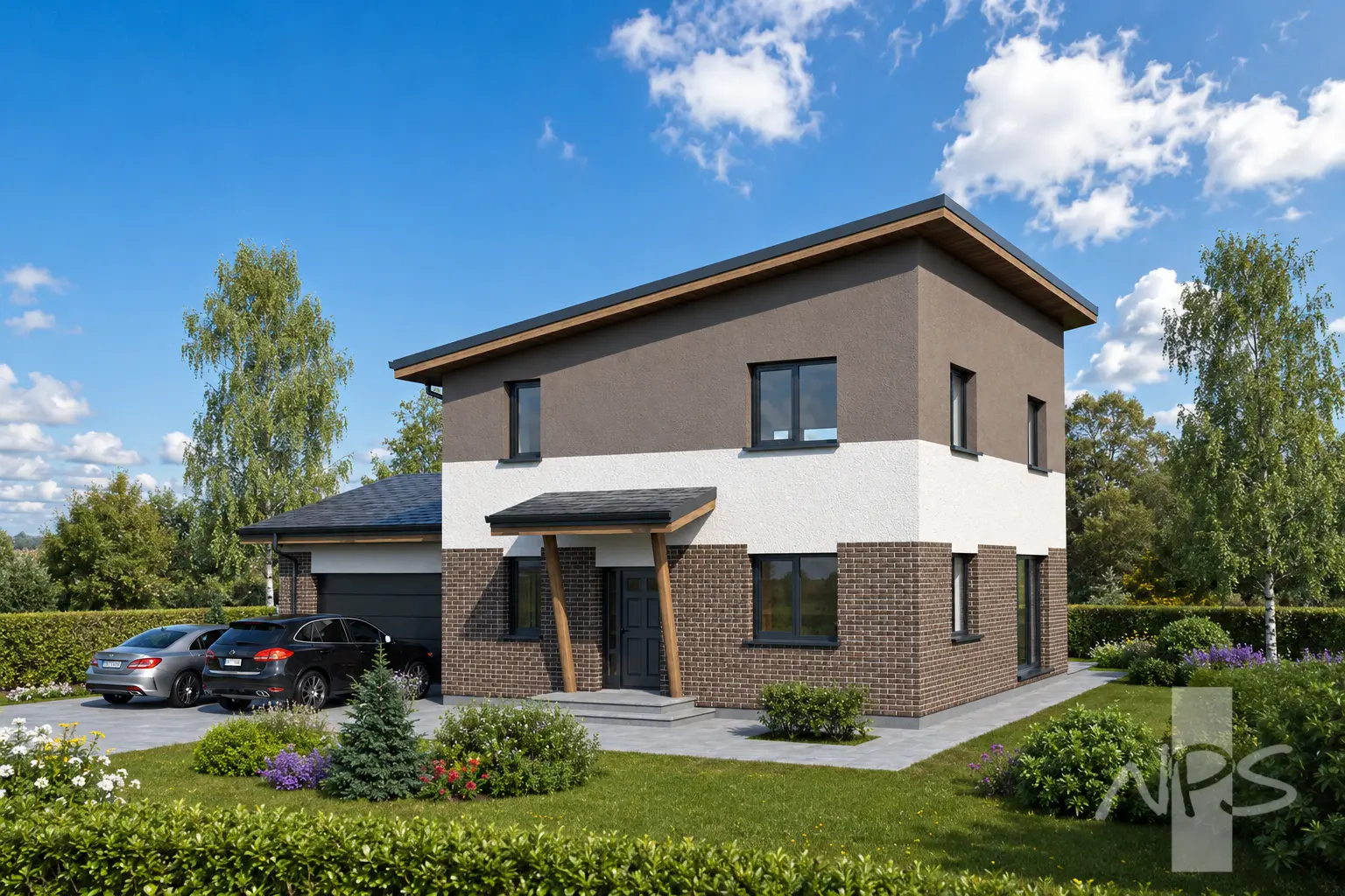 Divstāvu mājas projekts 190 m²: 3 Guļamistabas, Darba istaba, 2 Vannasistabas, Atvērta virtuve, Garāža