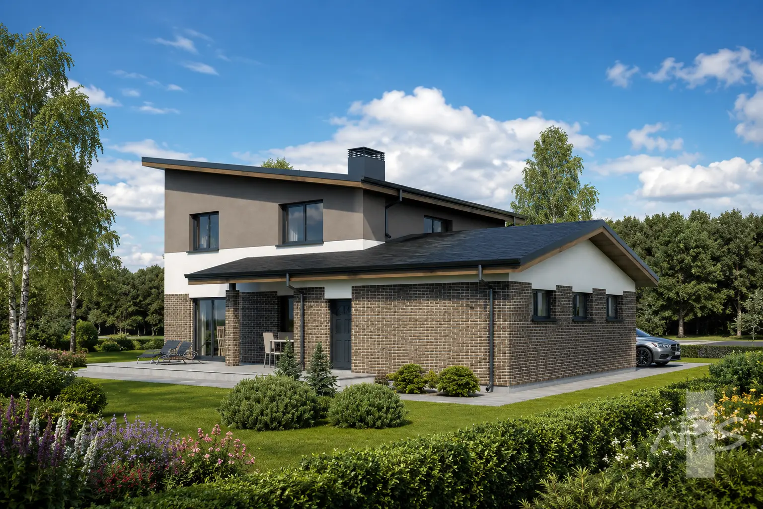 Divstāvu mājas projekts 190 m²: 3 Guļamistabas, Darba istaba, 2 Vannasistabas, Atvērta virtuve, Garāža