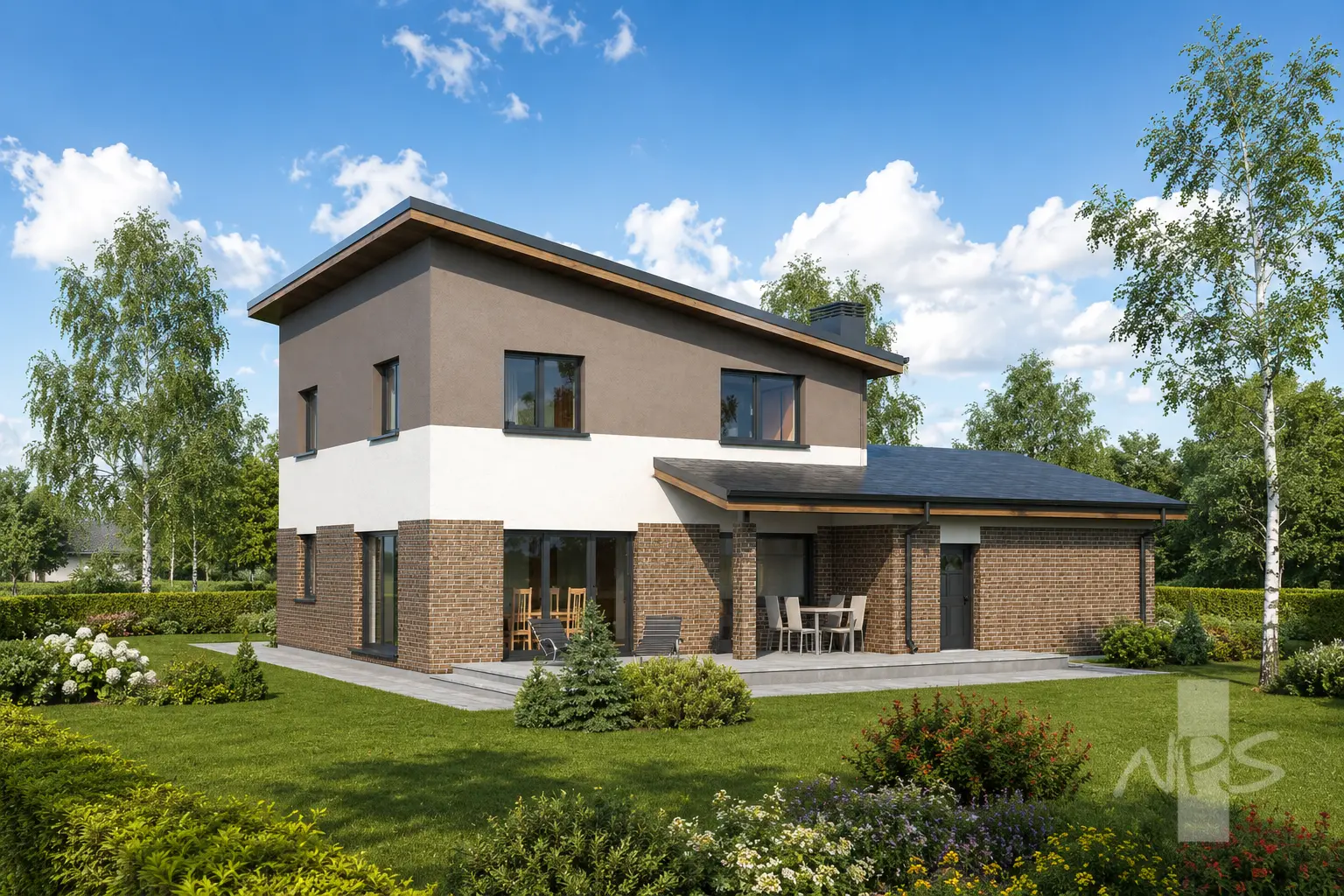Divstāvu mājas projekts 190 m²: 3 Guļamistabas, Darba istaba, 2 Vannasistabas, Atvērta virtuve, Garāža