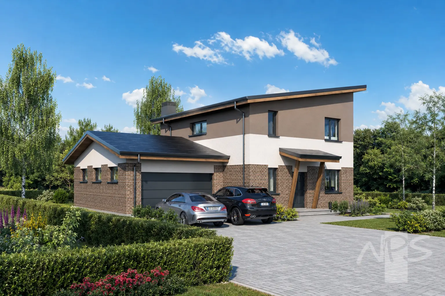 Divstāvu mājas projekts 190 m²: 3 Guļamistabas, Darba istaba, 2 Vannasistabas, Atvērta virtuve, Garāža
