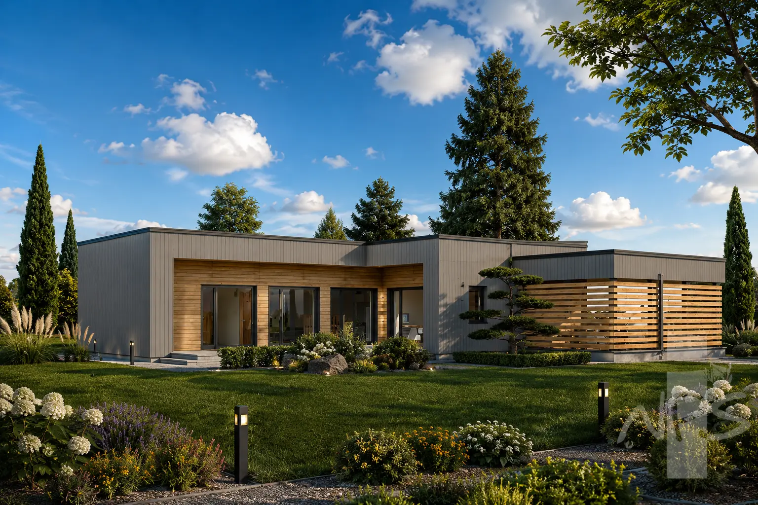 Vienstāva mājas projekts 129 m²: 3 Guļamistabas, 2 Vannasistabas, Atvērta virtuve, Garāža